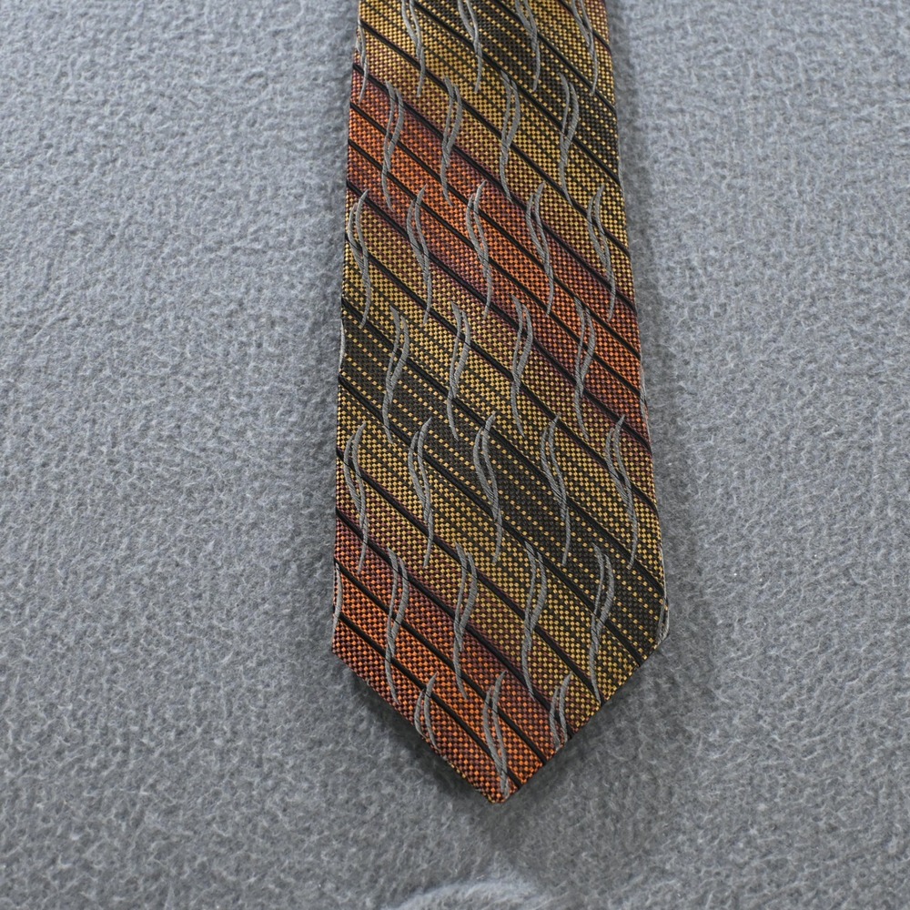 Alberto Zerra Mens Geometric Wavy Stripe Silk Necktie OS Orange Gold Brown